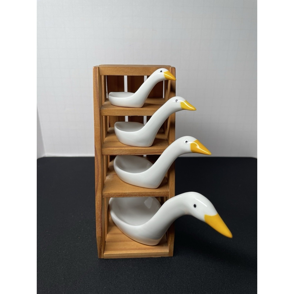 Vintage 1980s Avon Ceramic Geese Ducks Measuring Spoons with Original Wood Stand